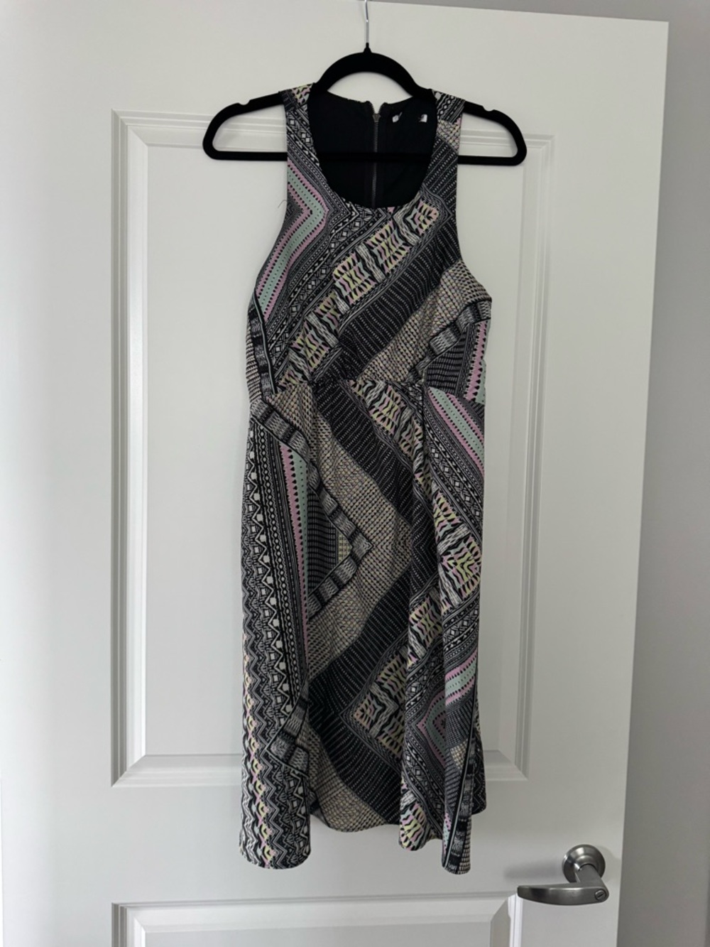 Sleeveless Patterned Midi Dress in Black and Cream with Pink Accents